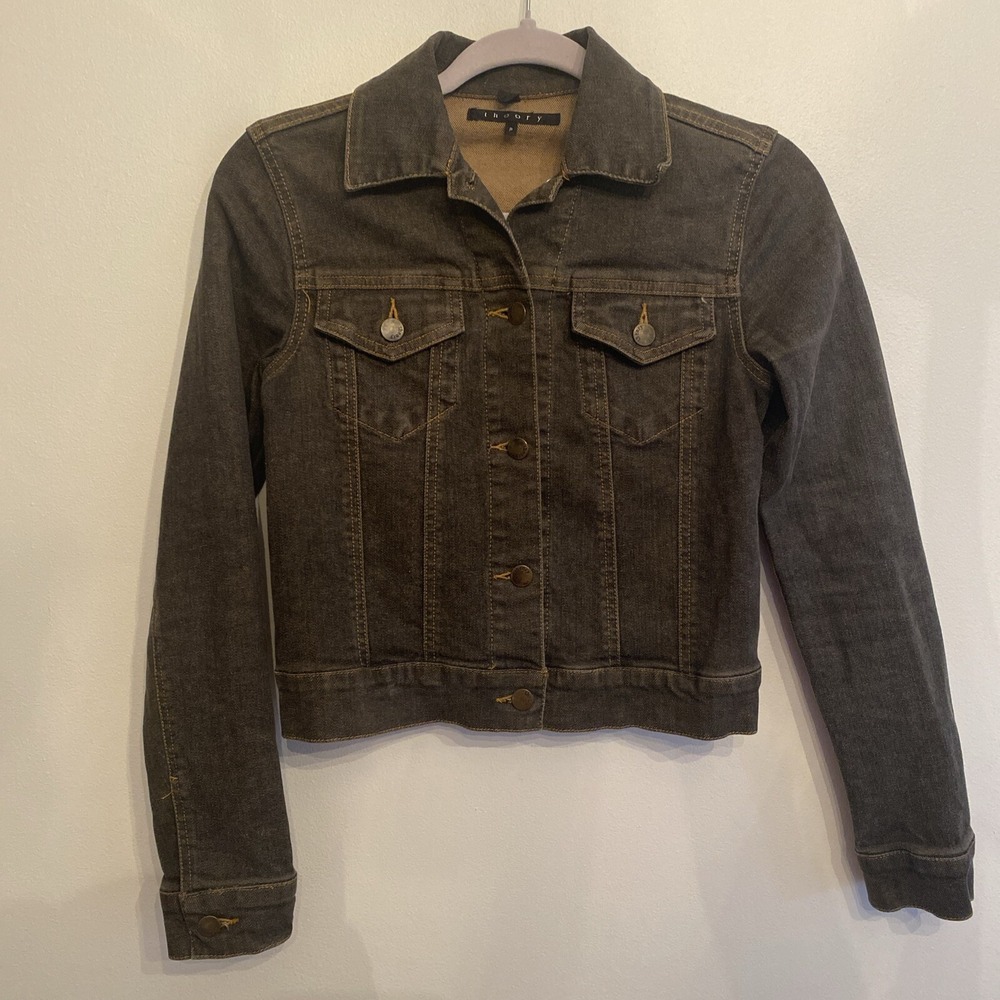 Theory Denim Jacket Gray Classic Button Up Chest Pockets Womens Size Petite Sm